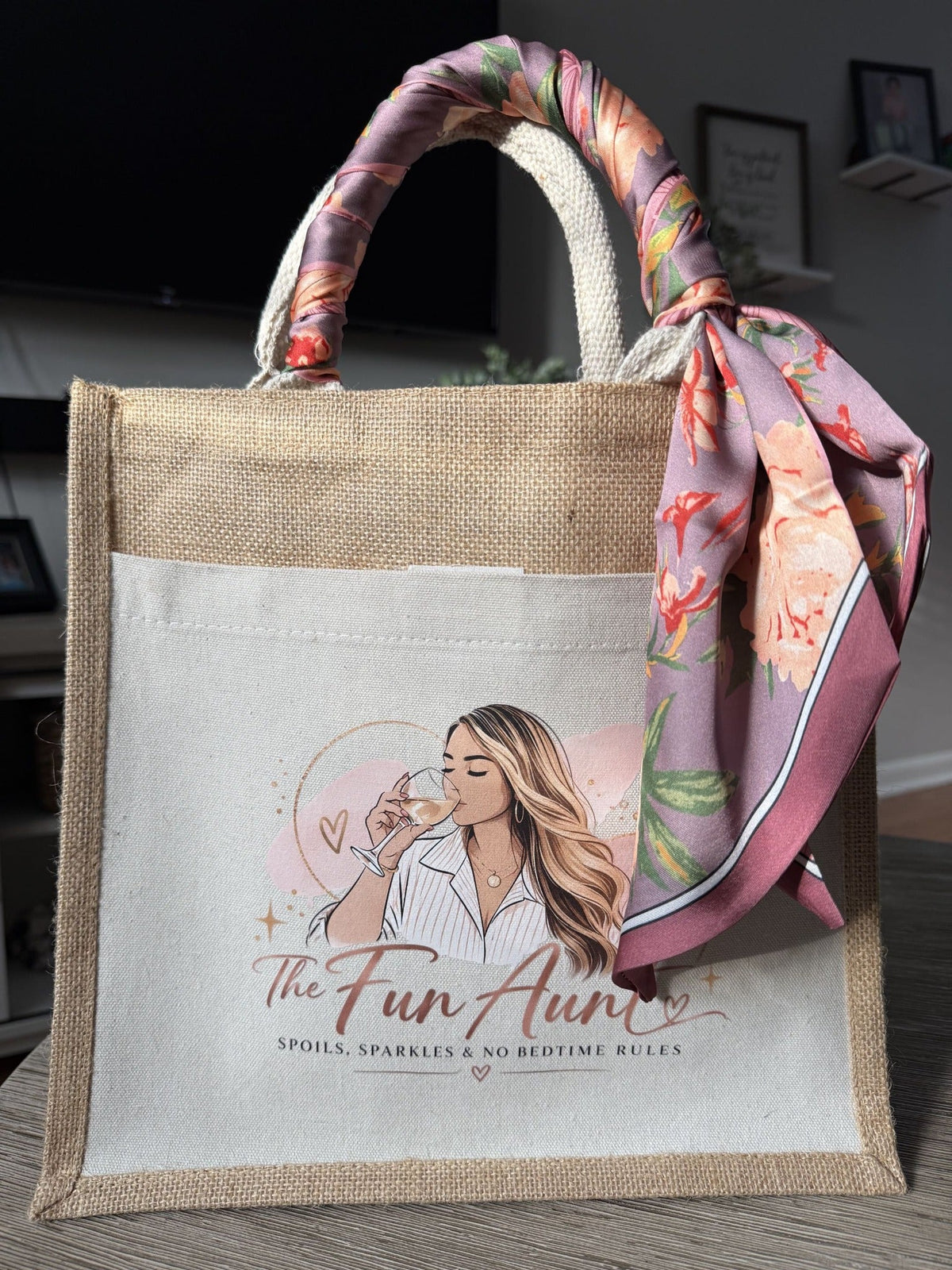 Beige and white personalized pocket tote by JILL — Fun Aunt artwork with floral handle scarf (pocket variant)