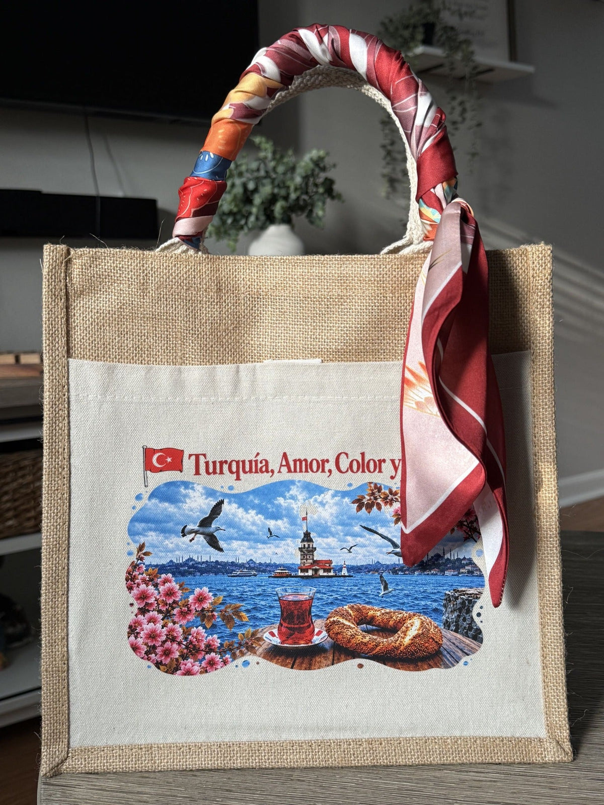 Beige and white personalized pocket tote by JILL — Türkiye travel design with patterned handle scarf (pocket variant)