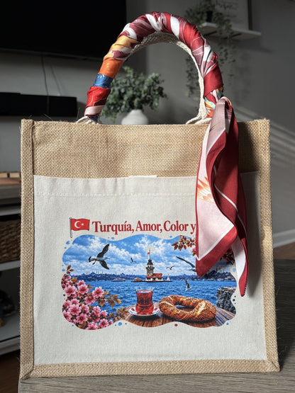 Beige and white personalized pocket tote by JILL — Türkiye travel design with patterned handle scarf (pocket variant)