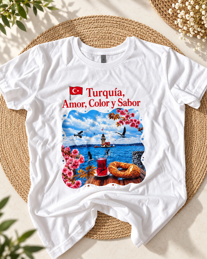 Custom white DTF T-shirt featuring Türkiye, Amor, Color y Sabor, Istanbul waterfront scenery, Turkish tea and floral travel-themed artwork